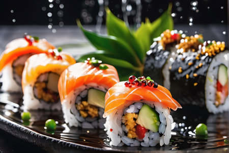 Sushi rolls with salmon, avocado, cucumber, red caviar and sesame seedsの素材