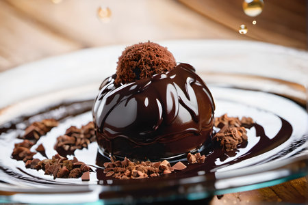 Chocolate truffles with chocolate glaze on a wooden tableの素材