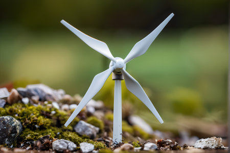 Miniature wind turbine on a mossy ground in the forest.の素材