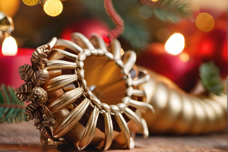Christmas decoration with baubles and candles on wooden table, closeupの素材