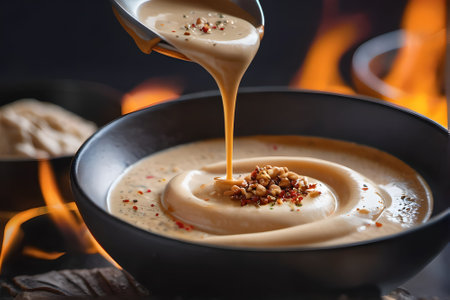 Mushroom cream soup in a black bowl on a fire backgroundの素材