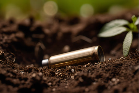 bullet in the ground with a small green plant on the backgroundの素材