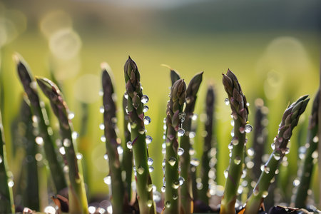 Water droplets on green asparagus sprouts in the fieldの素材