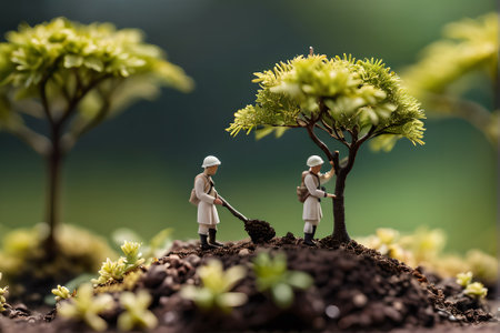 Miniature people : Couple planting tree in the garden. Image use for love concept.の素材