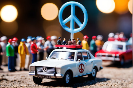 Miniature people : Group of people with toy car and peace sign.の素材
