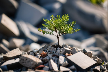 small tree growing on a pile of stones in the garden. selective focusの素材