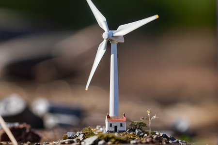 Miniature model of a house with wind turbine in the background.の素材