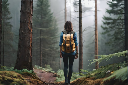 Back view of young woman with backpack standing on the edge of a forest with fog in the backgroundの素材