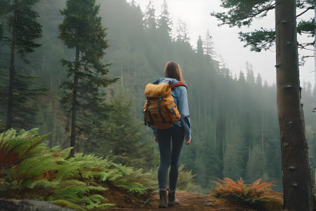 Back view of young woman hiker with backpack looking at misty forestの素材