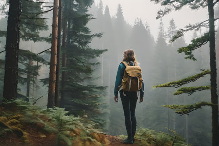 Back view of young woman with backpack standing on the edge of a foggy forestの素材