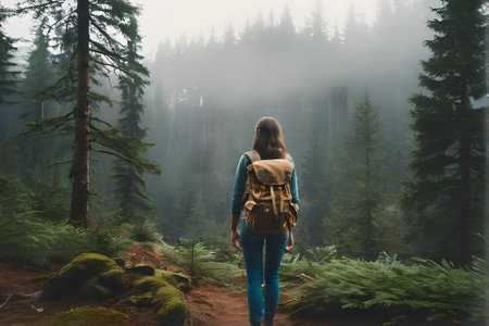 Young woman with backpack hiking in the misty forest. Hiking conceptの素材