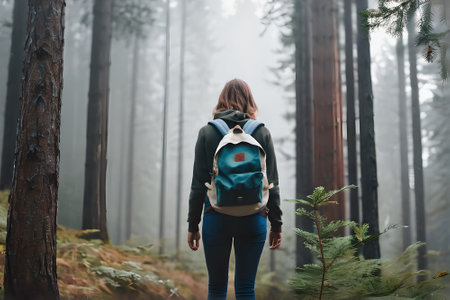Young woman with backpack hiking in the forest. Hiking concept.の素材