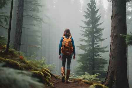 Young woman with backpack hiking in the forest. Travel and adventure concept.の素材