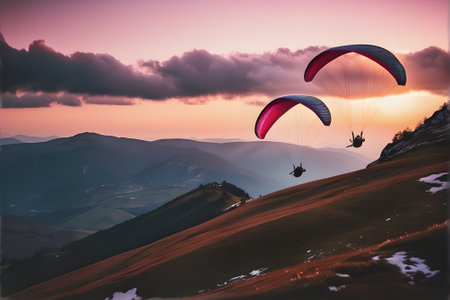 Paraglider flying in the mountains at sunset. 3d renderingの素材
