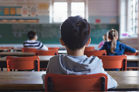 Rear view of schoolboy sitting on chair in classroom at schoolの素材