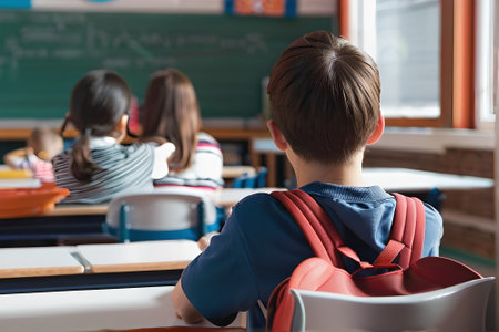 Rear view of schoolboy sitting at desk in classroom during lessonの素材