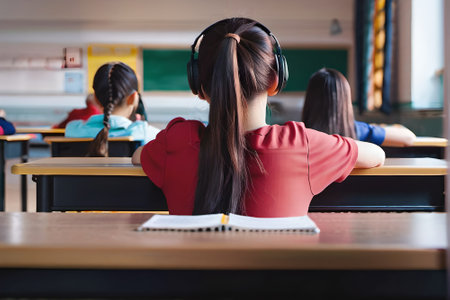 Back view of female student listening to music with headphones while sitting in classroomの素材