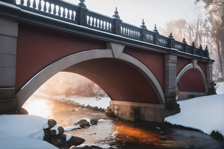Beautiful bridge over the river in the winter. Winter landscape.の素材