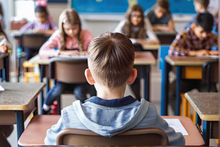 Back view of schoolboy sitting at desk in classroom with classmates in backgroundの素材