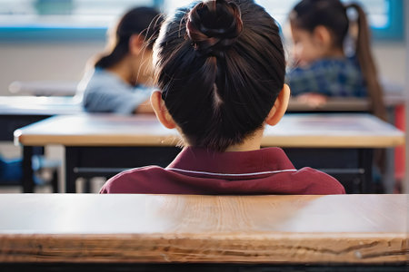 Rear view of schoolgirl sitting at desk in classroom at schoolの素材