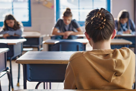 Rear view of female student sitting at desk in classroom during lessonの素材