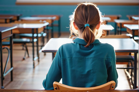 Back view of schoolgirl sitting at desk in classroom. Back view of female student sitting at desk in classroomの素材