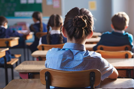 Back view of schoolgirl sitting at desk in classroom with classmates on backgroundの素材