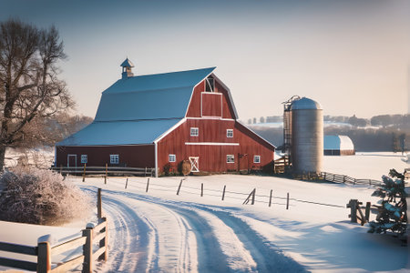 Beautiful winter landscape with red barn and silo in the countrysideの素材