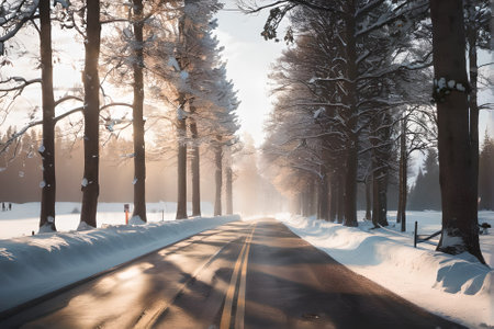Winter road through the forest at sunset. Beautiful winter landscape with road and treesの素材