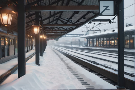 Train station in the snow at night. Winter train station in the snow.の素材