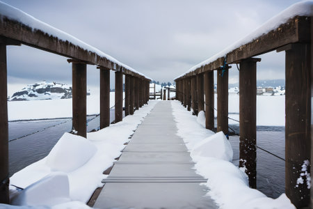 Wooden bridge in the snow, Lofoten islands, Norwayの素材