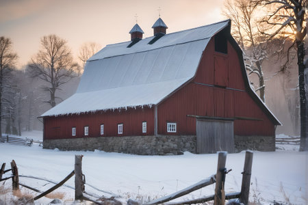 Beautiful winter landscape with a red barn in the middle of a snowy fieldの素材