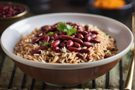 Bowl of red beans and rice with parsley on wooden tableの素材