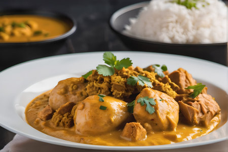 Chicken tikka masala curry with rice on black wooden backgroundの素材