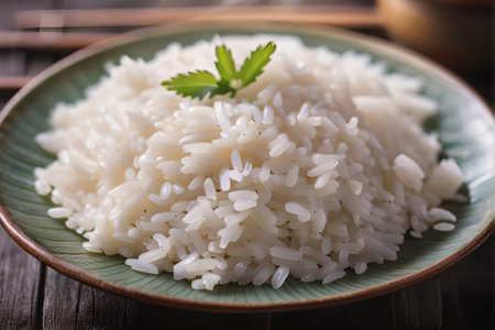 Cooked white rice in a green plate on a wooden table.の素材