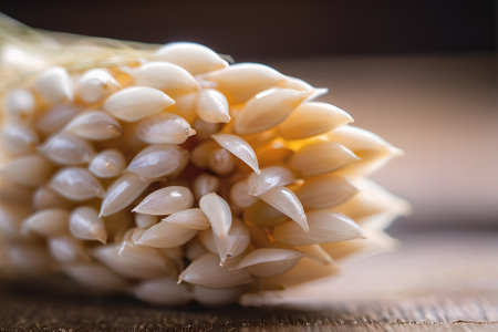 Close up of white corn on wooden background. Selective focus.の素材