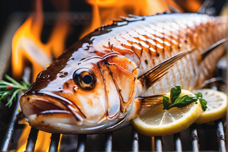 Grilled fish with lemon and rosemary on a barbecue grill.の素材