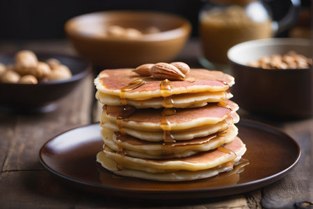 Stack of pancakes with honey and nuts on wooden table. Selective focusの素材
