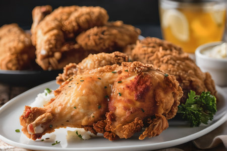 Crispy fried chicken legs with mashed potatoes and mozzarella cheeseの素材
