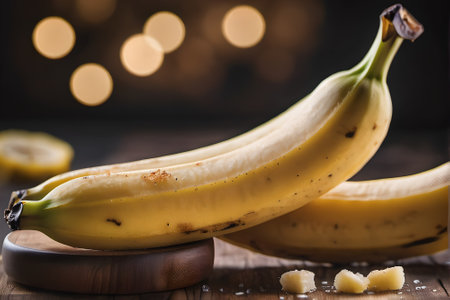Bananas on a wooden table in front of a bokeh backgroundの素材
