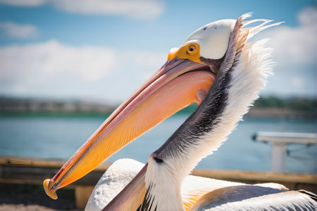 Pelican closeup portrait on the background of the blue skyの素材