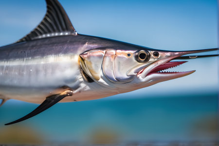 Close-up of a swordfish caught on a sunny day.の素材
