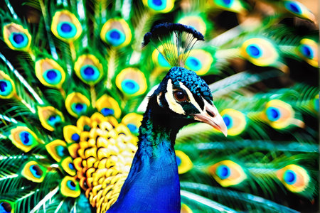 Portrait of a beautiful peacock with colorful feathers in the zooの素材
