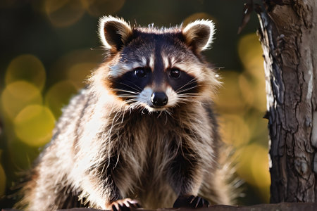 Portrait of a raccoon on a background of the autumn forestの素材