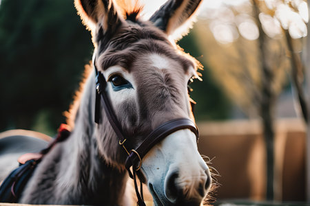 Close up of a donkey head in a paddock at sunset.の素材