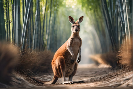 Kangaroo standing on the ground with bamboo background in the background