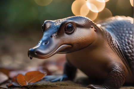 Close-up of a toy platypus on the ground.の素材