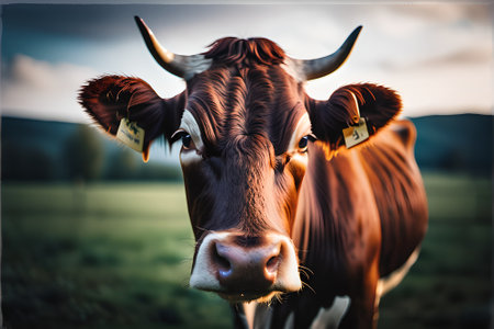 Portrait of a cow in the meadow at sunset in summerの素材