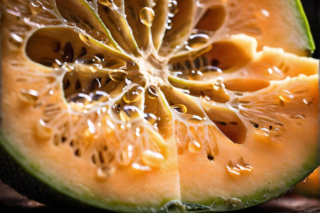 Close up of a slice of melon with water drops on itの素材