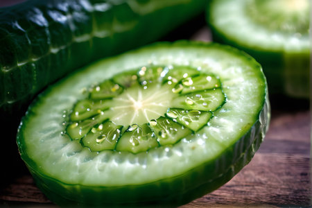 Cucumber slices on a wooden background. Selective focus.の素材